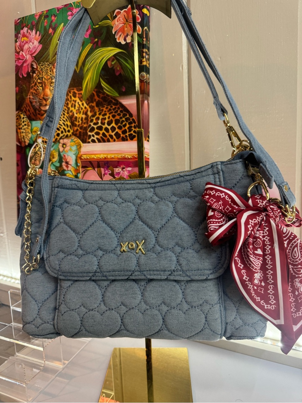 Betsy John’s Quilted Heart Denim Satchel Bag with Bandana Accent - Too CUTE